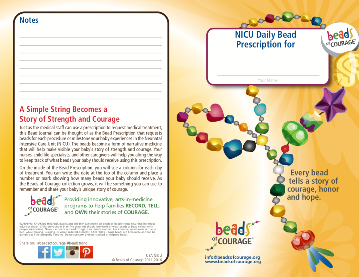 Beads of Courage, Beads at Home, NICU Bead Prescription Journal (English) 