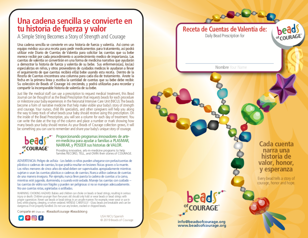 Beads of Courage, Beads at Home, NICU Bead Prescription Journal (Spanish) 